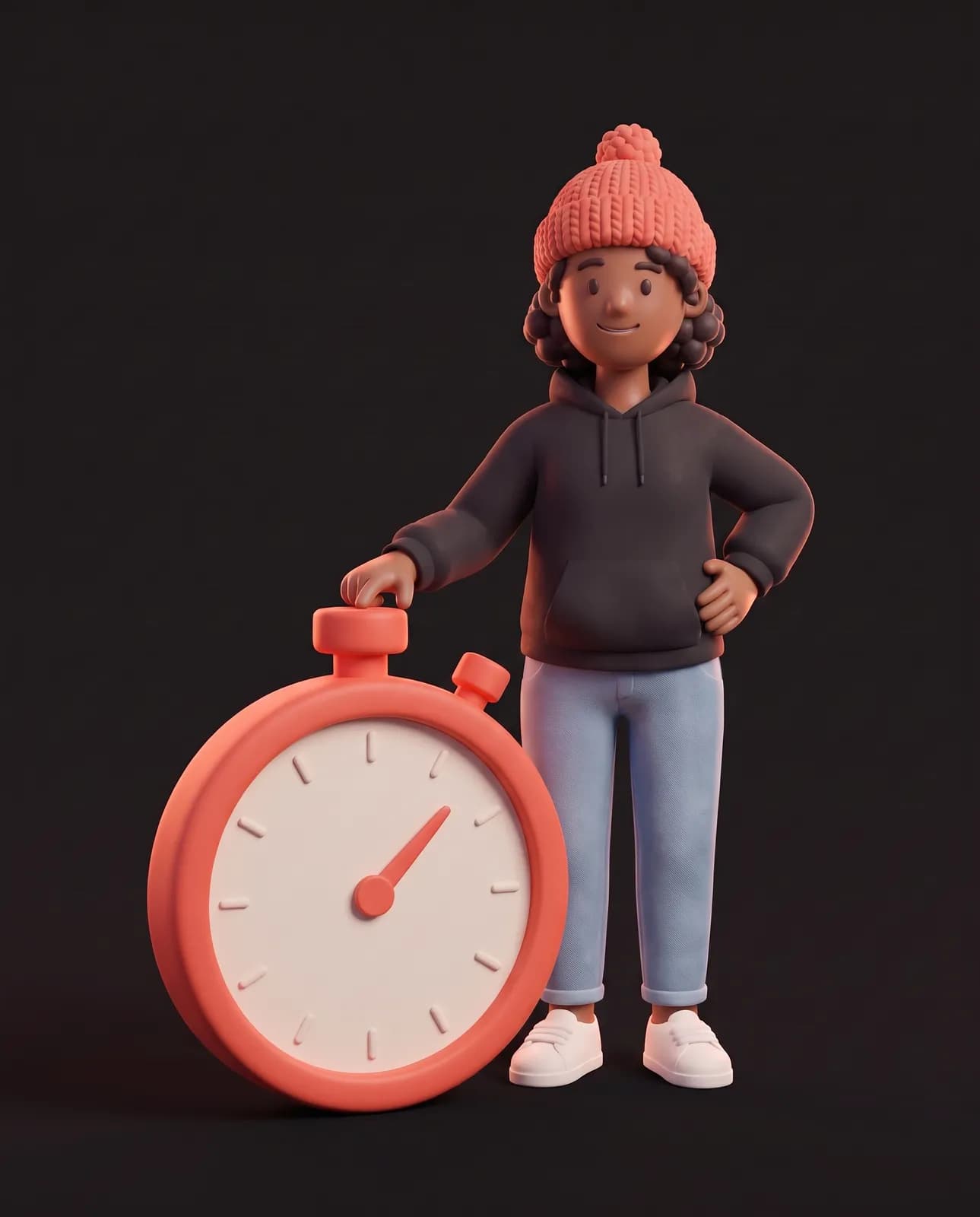 Oopsy, souriante, arrête un chronomètre géant.