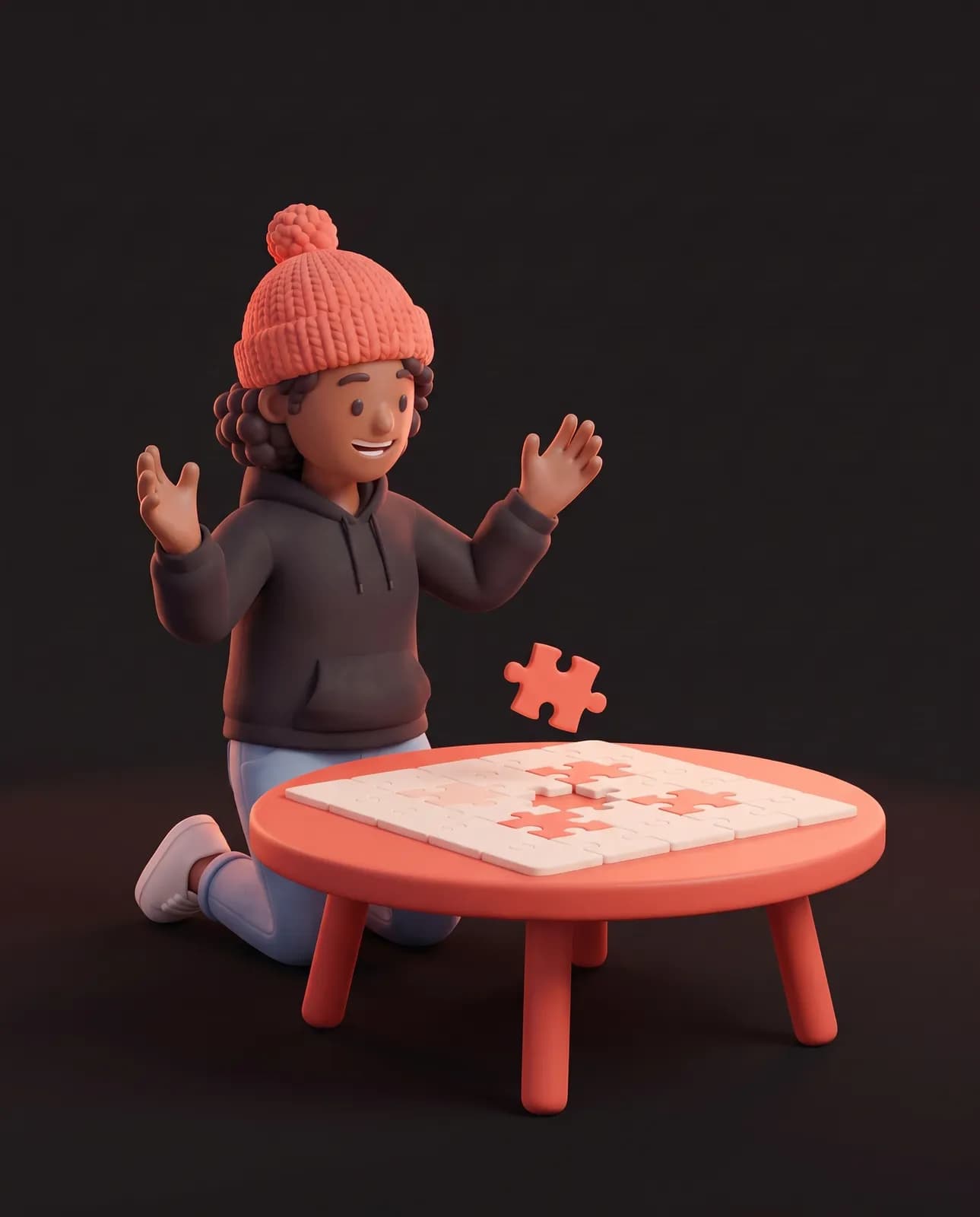 Oopsy, à genoux près d’une table basse corail, lève les mains de joie pendant que la dernière pièce du casse-tête tombe à sa place, figée dans les airs.