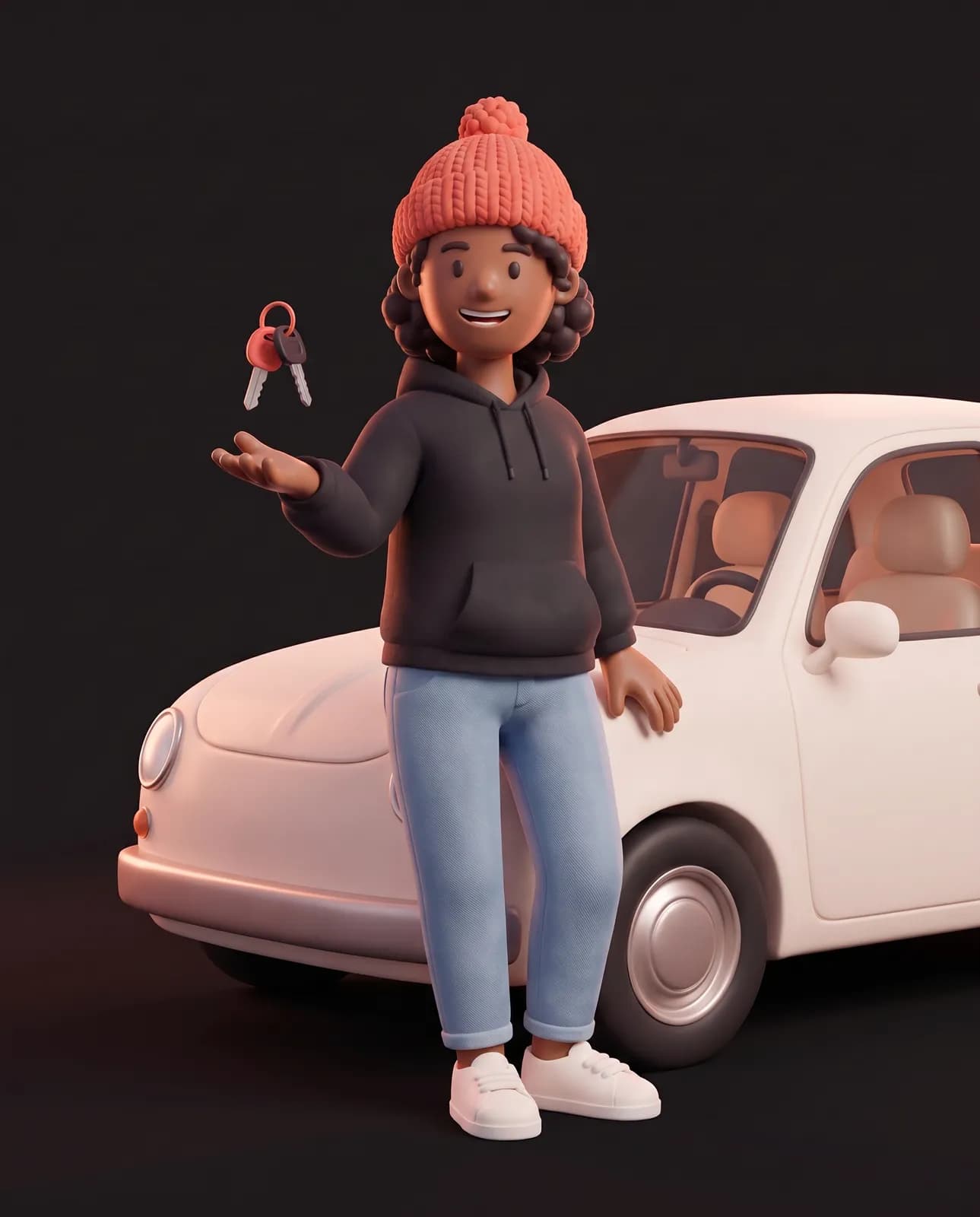 Oopsy, tout sourire, s’appuie sur sa petite voiture crème réparée et lance ses clés, figées dans les airs au-dessus de sa main.