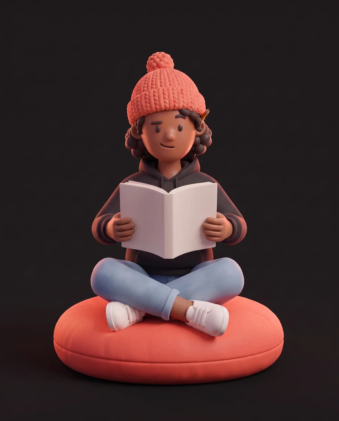 Oopsy, assise en tailleur sur un coussin corail, lit un manuel d’instructions à l’envers, un crayon derrière l’oreille.