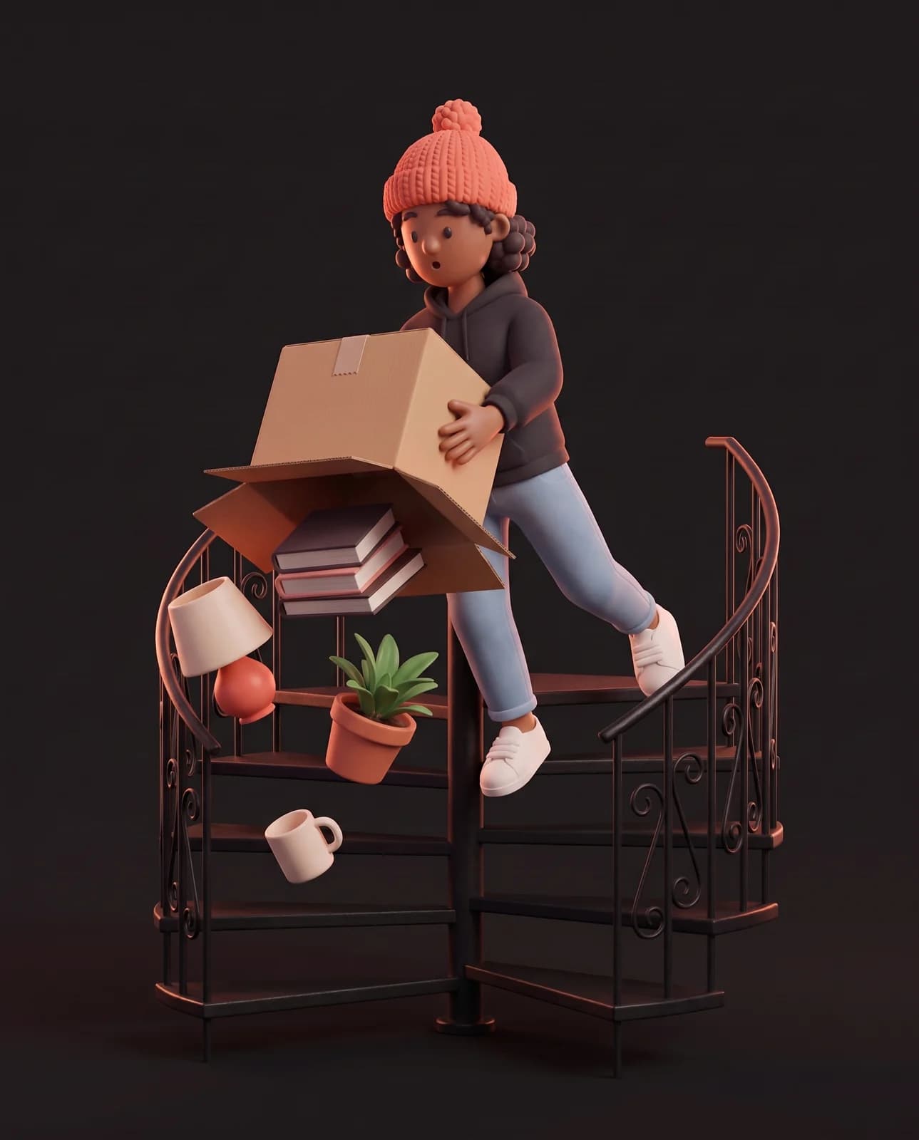 Le jour du déménagement, le fond de la boîte d’Oopsy cède dans l’escalier, et livres, lampe, plante et tasse restent suspendus dans les airs.