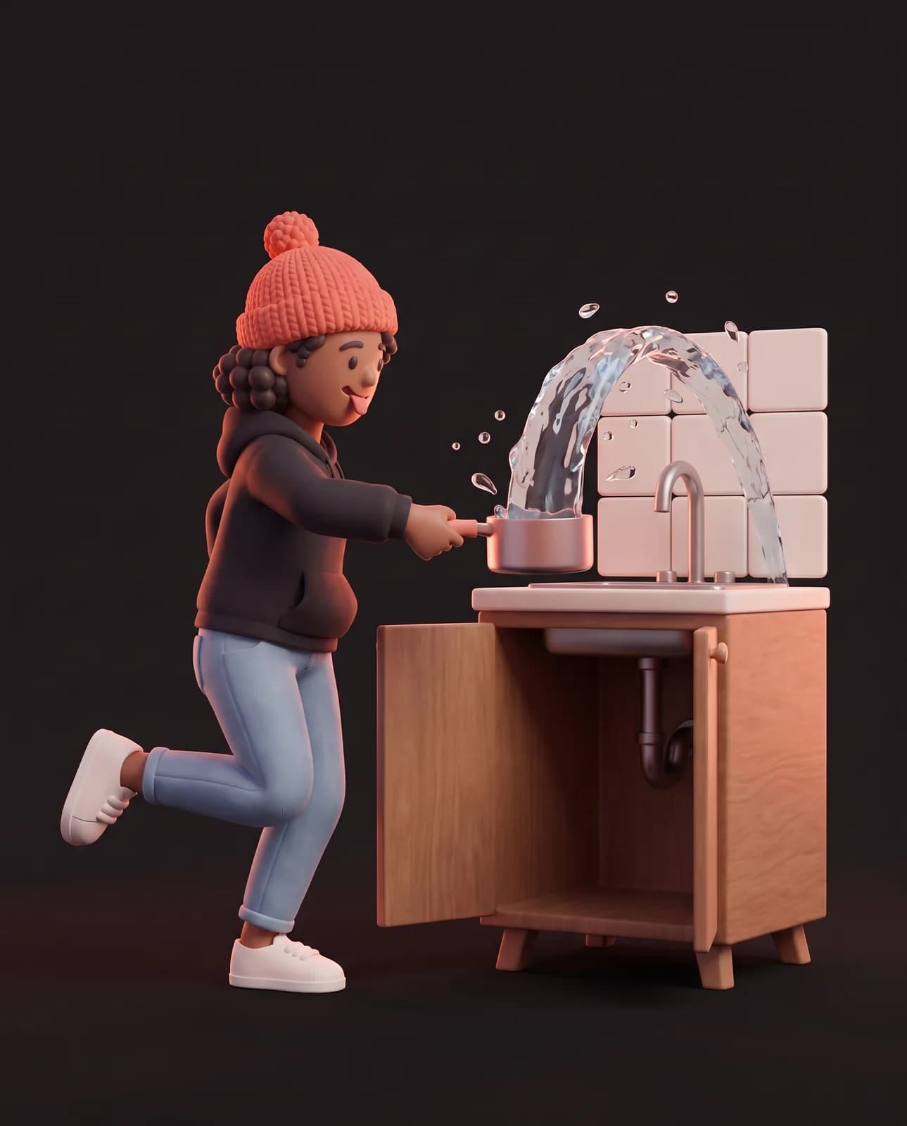 Oopsy tend une petite casserole pour attraper le jet d’eau d’un tuyau qui vient d’éclater sous l’évier, figé en plein vol.