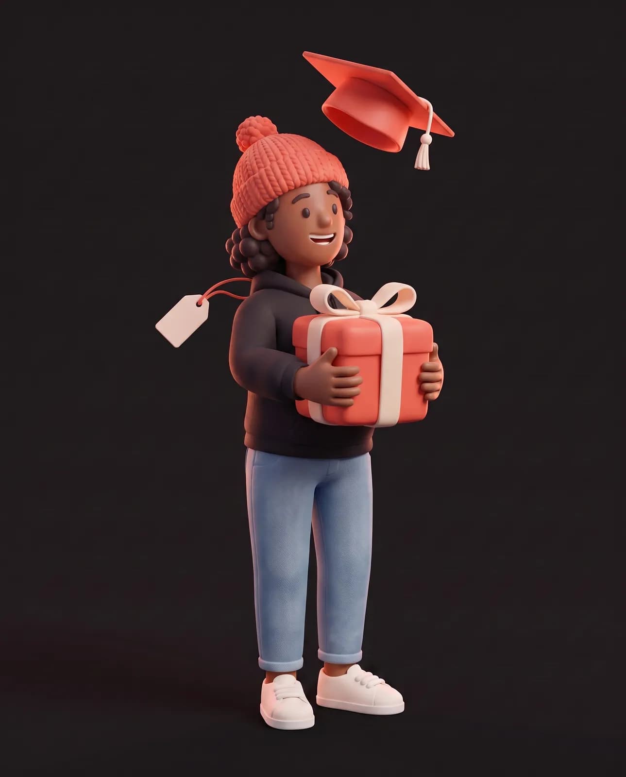 Oopsy, tout sourire, serre un cadeau corail contre elle pendant qu’un chapeau de diplômé et une étiquette flottent au ralenti autour d’elle.