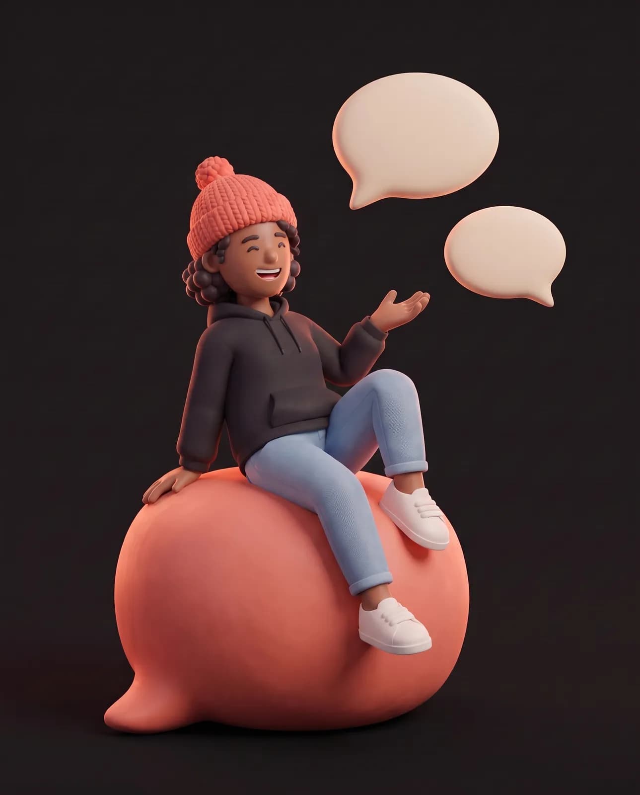 Oopsy rit aux éclats, assise sur une grosse bulle de dialogue corail, la main tendue vers deux bulles crème qui flottent au-dessus d’elle.