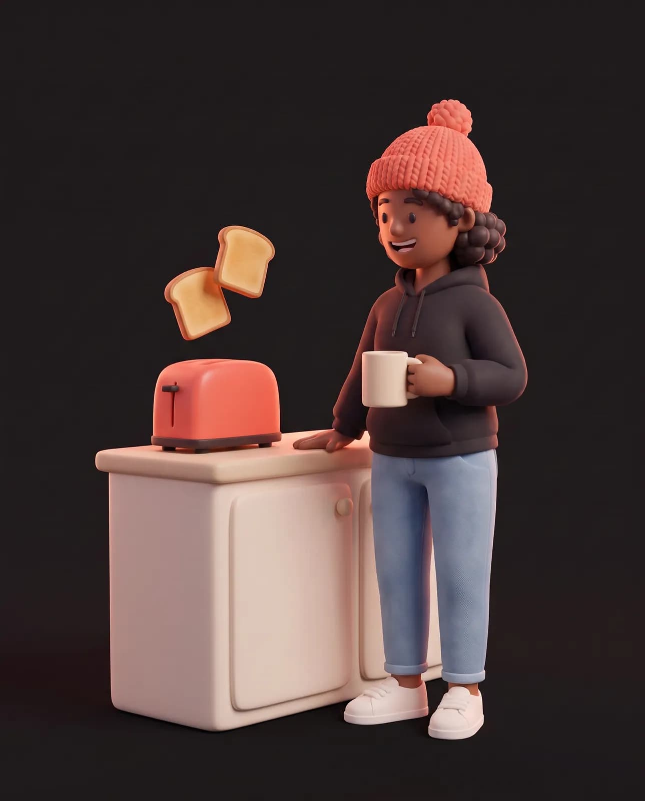 Oopsy sourit, une tasse à la main, près du grille-pain corail qui vient d’éjecter deux rôties, figées en plein vol.