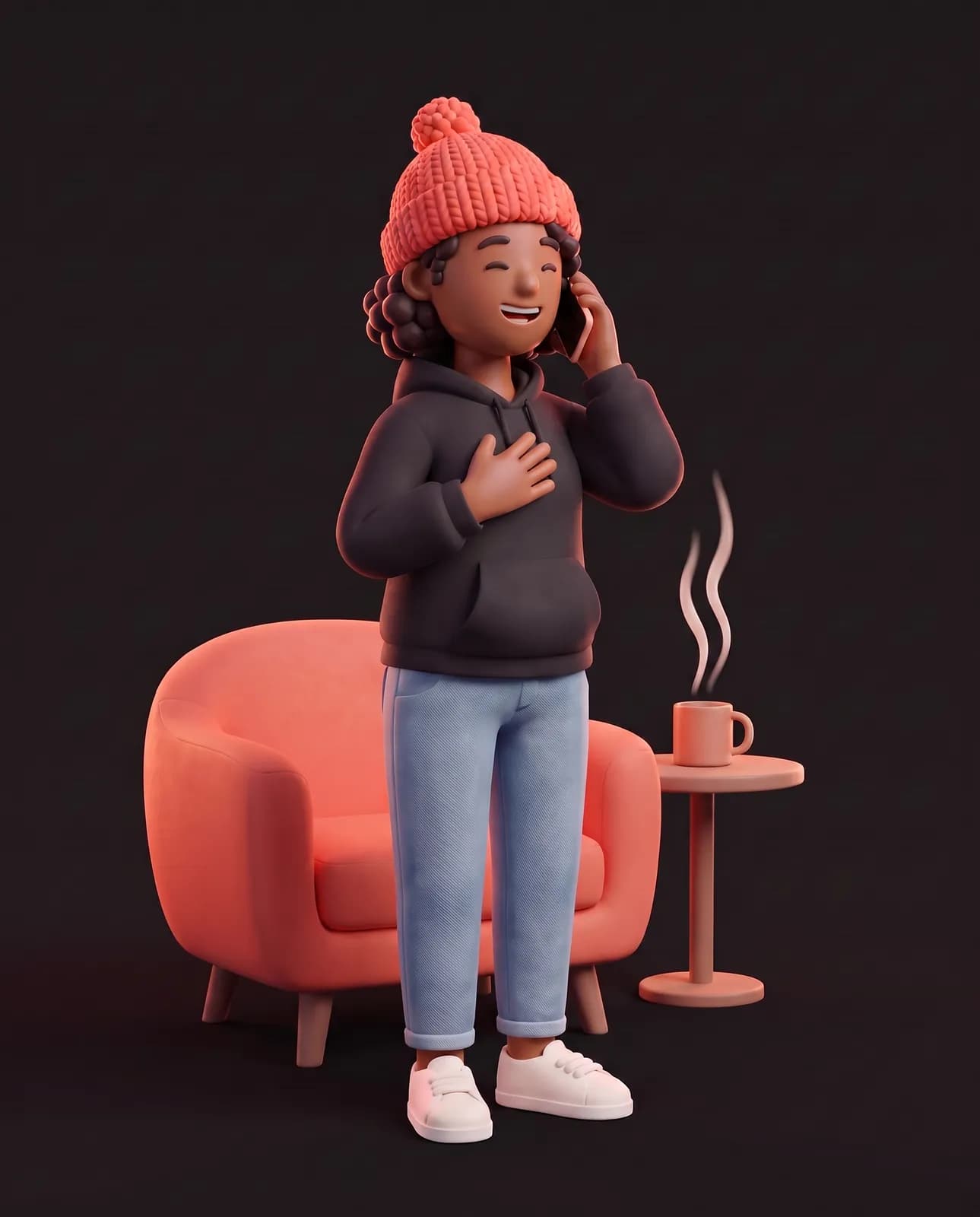 Oopsy rit, soulagée, au téléphone, une main sur le cœur, près d’un fauteuil corail et d’une tasse fumante.