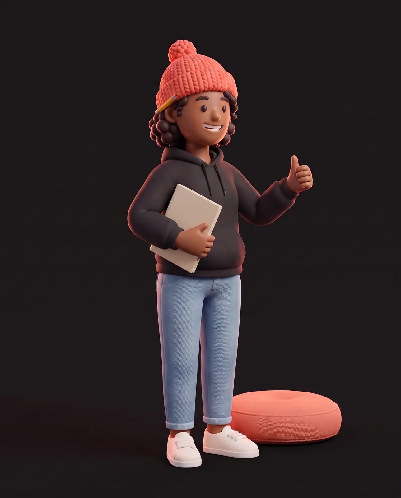 Oopsy, tout sourire, lève le pouce, un livret sous le bras et un crayon derrière l’oreille.
